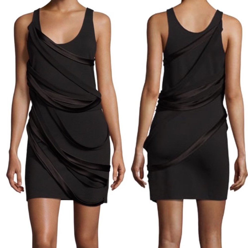 Halston Heritage Sleeveless Scoop-Neck Mini Dress w/ Draped Strappy Detail Black